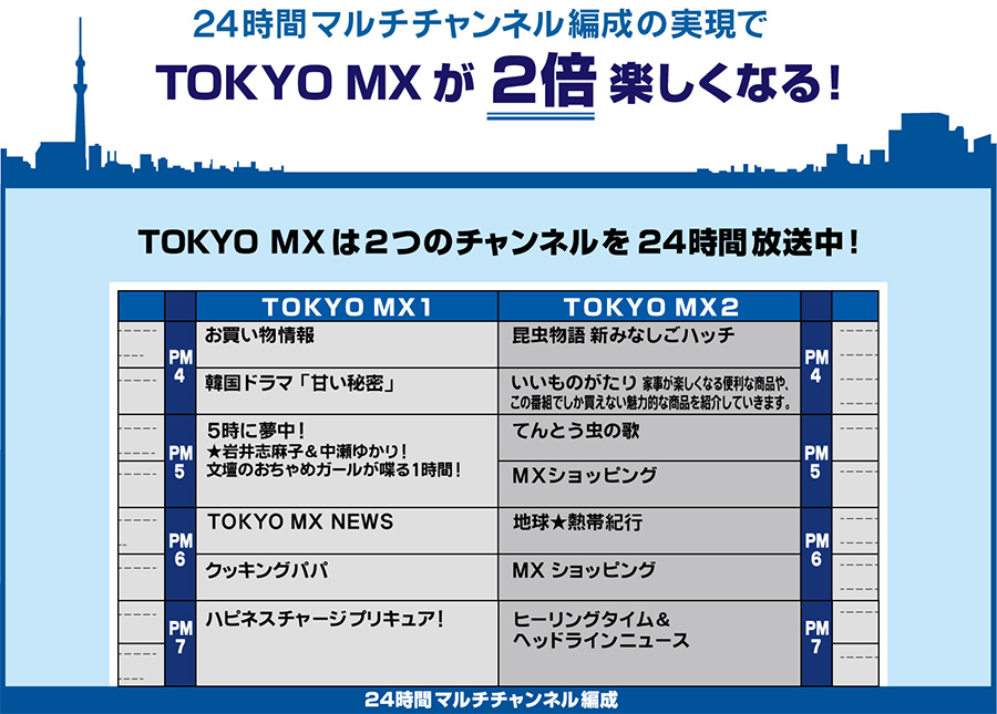 24時間マルチチャンネル編成の実現で　TOKYO MXが2倍楽しくなる！
