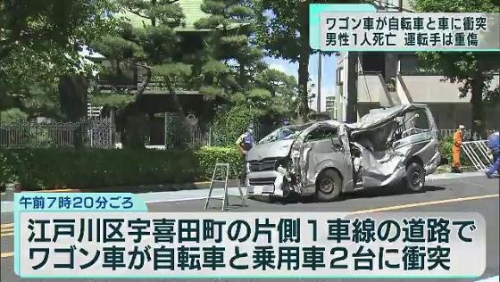 片側1車線で追い抜こうと…ワゴン車が自転車と車2台に衝突、男性1人死亡　東京・江戸川区