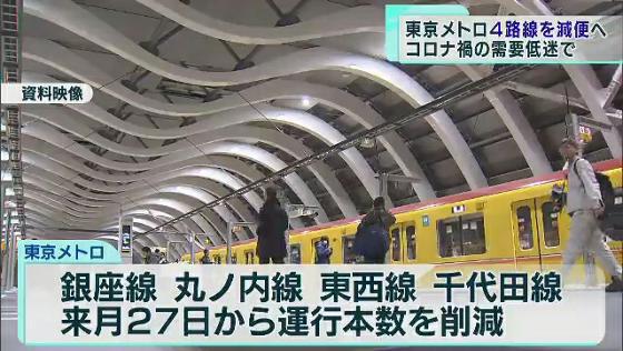 東京メトロ4路線で約8％減便へ　コロナ禍の需要低迷で