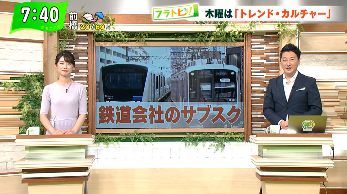 TOKYO MX（地上波9ch）朝の報道・情報生番組「堀潤モーニングFLAG」（毎週月～金曜7:00～）。「フラトピ！」のコーナーでは、キャスターの田中陽南が、今話題の“鉄道会社のサブスク”を取材しました。