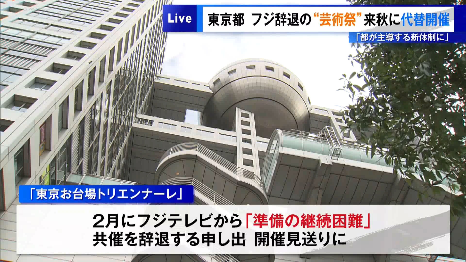 東京都はフジテレビが共催を辞退した芸術祭「東京お台場トリエンナーレ」に関し、2026年の秋ごろに代わりとなる新たなイベントを開くことを明らかにしました。