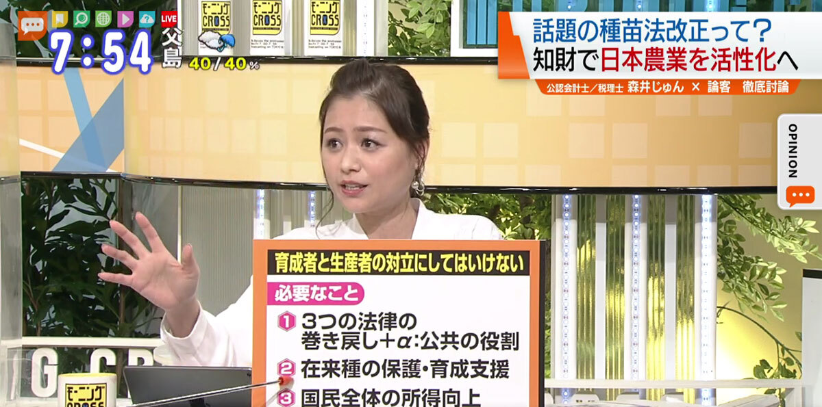 TOKYO MX（地上波9ch）朝のニュース生番組「モーニングCROSS」（毎週月～金曜7:00～）。12月4日（金）放送の「オピニオンCROSS neo」のコーナーでは、公認会計士で税理士の森井じゅんさんが“改正種苗法”について述べました。