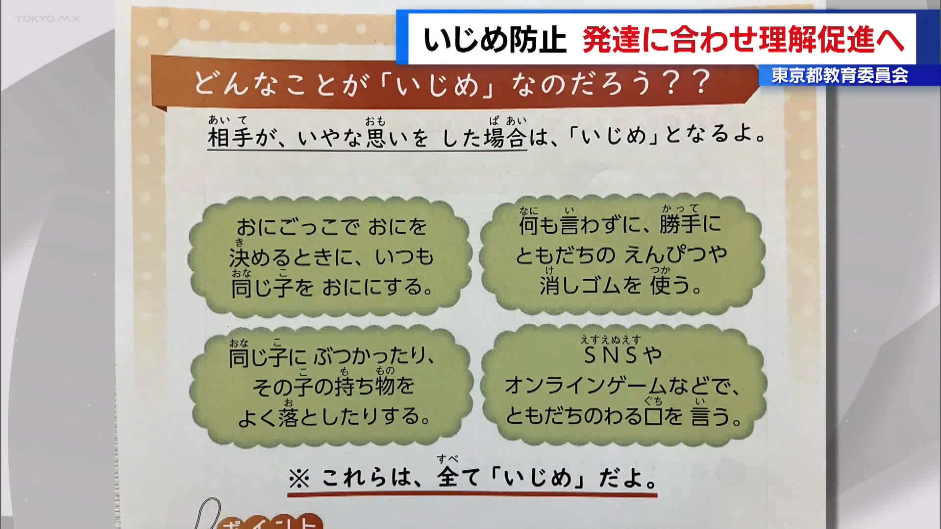 子どもが自らいじめについて学び考えてもらおうと、東京都教育委員会は児童・生徒の発達に合わせていじめの定義や具体例を示し、理解してもらう取り組みを始めます。