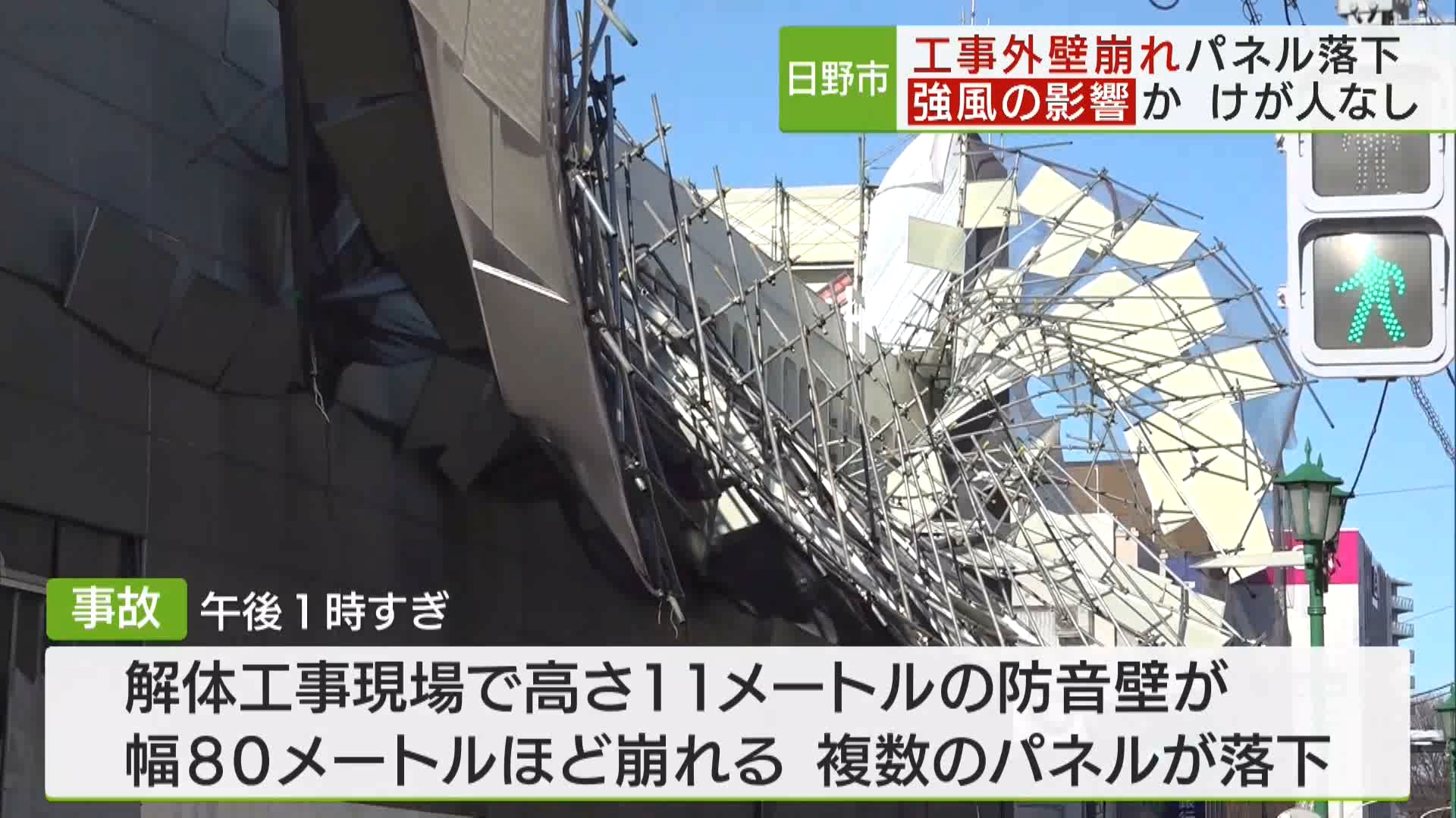 日野市では、ビルの解体工事の現場で、外壁のパネルが幅80メートルにわたって崩れる事故が起きました。強風による影響とみられています。