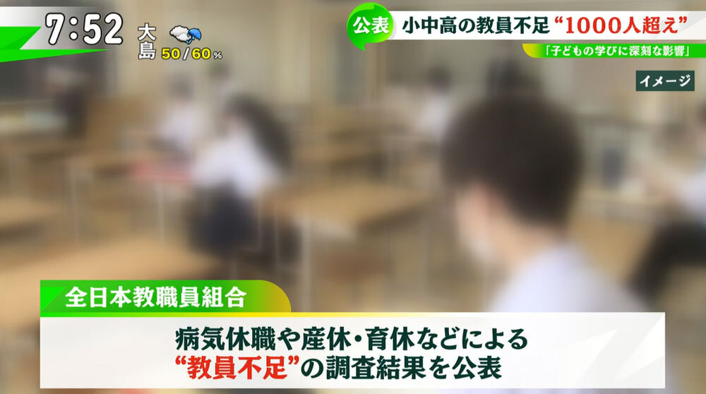TOKYO MX（地上波9ch）朝の報道・情報生番組「堀潤モーニングFLAG」（毎週月～金曜7:00～）。8月4日（木）放送の「FLAG NEWS」のコーナーでは、深刻化している“小中高の教員不足”について取り上げました。