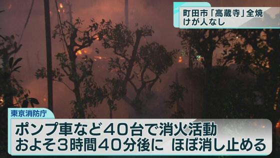 　東京都町田市で寺院から火が出て本堂などおよそ3000平方メートルを全焼しました。けが人はいませんでした。