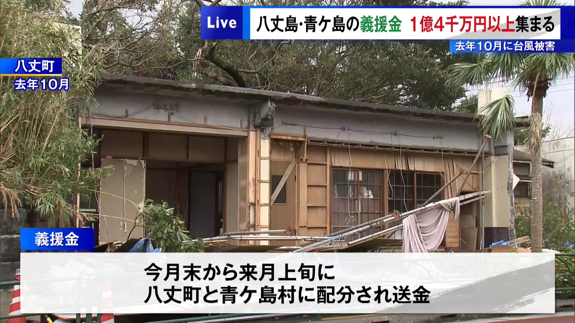 去年＝2025年10月に相次いだ台風で甚大な被害となった東京・伊豆諸島の八丈島と青ケ島に対する義援金が総額で1億4000万円以上集まったと、東京都が3月19日に発表しました。