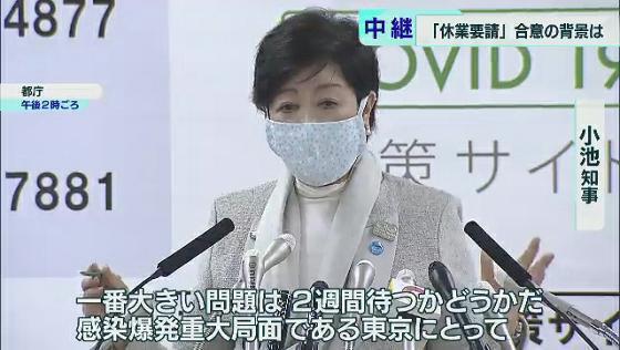 　新型コロナウイルスの感染者の増加が止まらない中、緊急事態宣言を受けて実施される「休業要請」の措置を巡っては、東京都が4月10日に発表した前日＝9日夜まで国との協議が続きました。