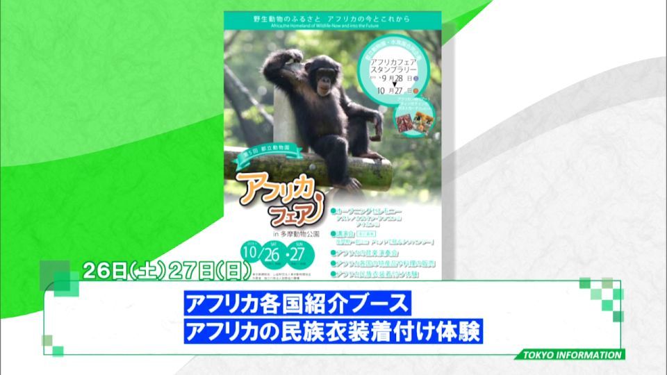 暮らしに役立つ情報をお伝えするTOKYO MX(地上波9ch)の情報番組「東京インフォメーション」(毎週月―金曜、朝7:15~)。
今回は多摩動物公園で開催される「アフリカフェア」についてや、運転免許を返納した高齢者などを対象した「自転車安全利用講習会」などを紹介しました。