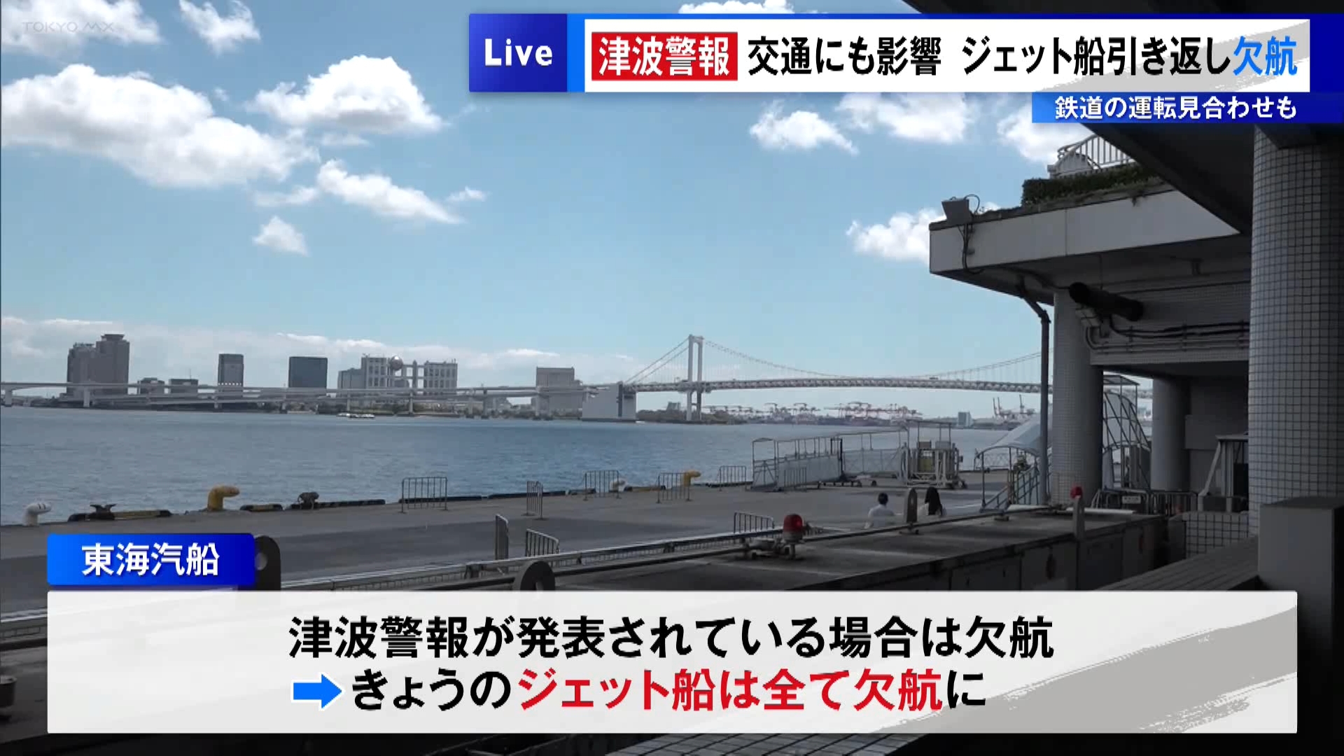 7月30日午前8時25分ごろ、ロシア・カムチャッカ半島付近を震源とする地震があり、気象庁は太平洋側など広い範囲に津波警報と津波注意報を発表しました。東京都内でも伊豆諸島と小笠原諸島に一時津波警報が出され、30日午後7時現在でも東京湾内湾・伊豆諸島・小笠原諸島に津波注意報が出されています。また、都内でも津波が観測され、八丈島で最大80センチ、小笠原・父島と神津島で40センチ、中央区晴海でも20センチを観測しました。気象庁は「少なくとも1日程度以上は津波の高い状態が継続する見込み」として、警戒を続けるよう説明しています。津波警報や注意報の発表により、東京都内でもさまざまな影響が出ています。