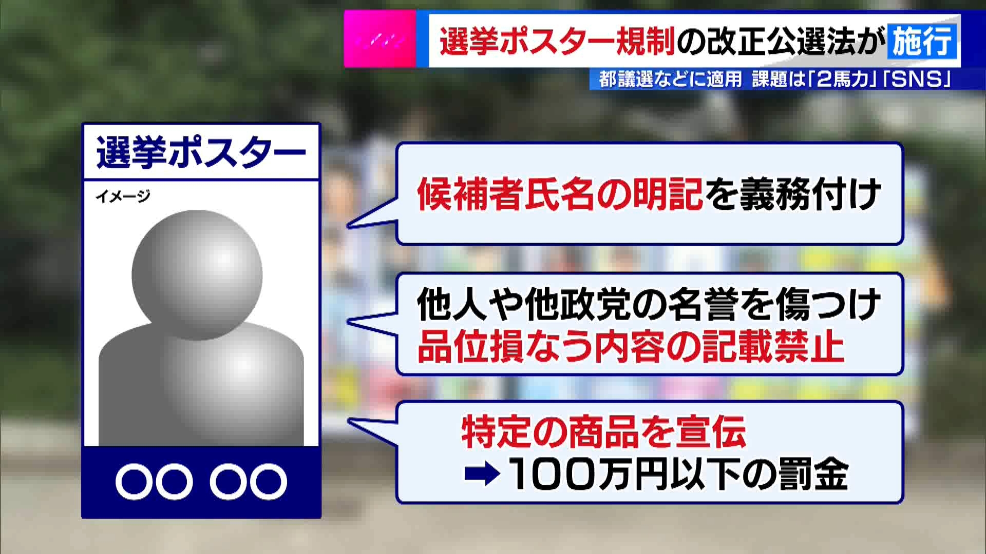 東京都議会議員選挙が6月に迫る中、選挙ポスターの内容を規制する改正公職選挙法が5月2日に施行されました。