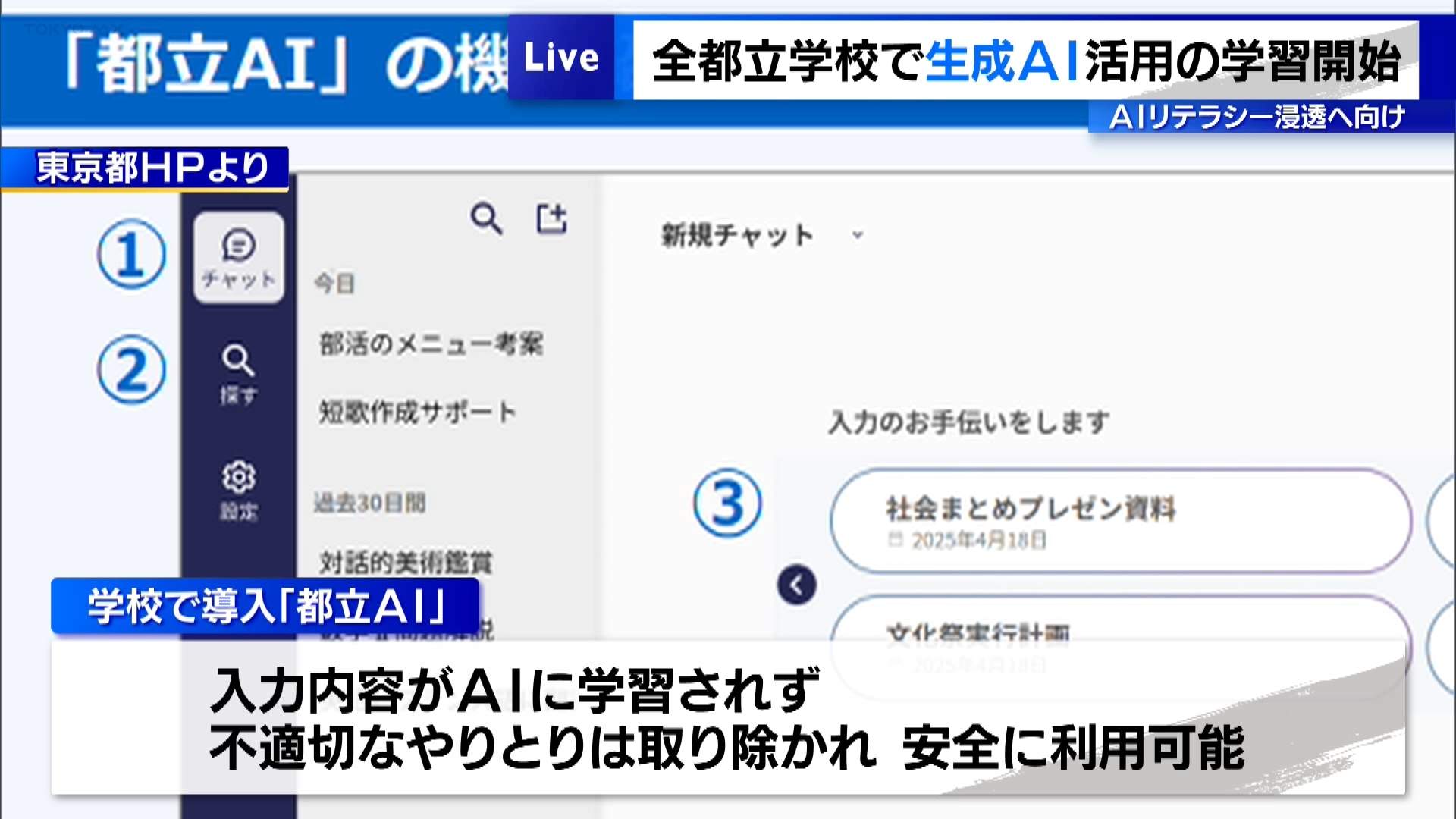 東京都教育委員会は全ての都立学校256校の児童・生徒、合わせて14万人が「生成AI」を活用した授業を開始したと明らかにしました。