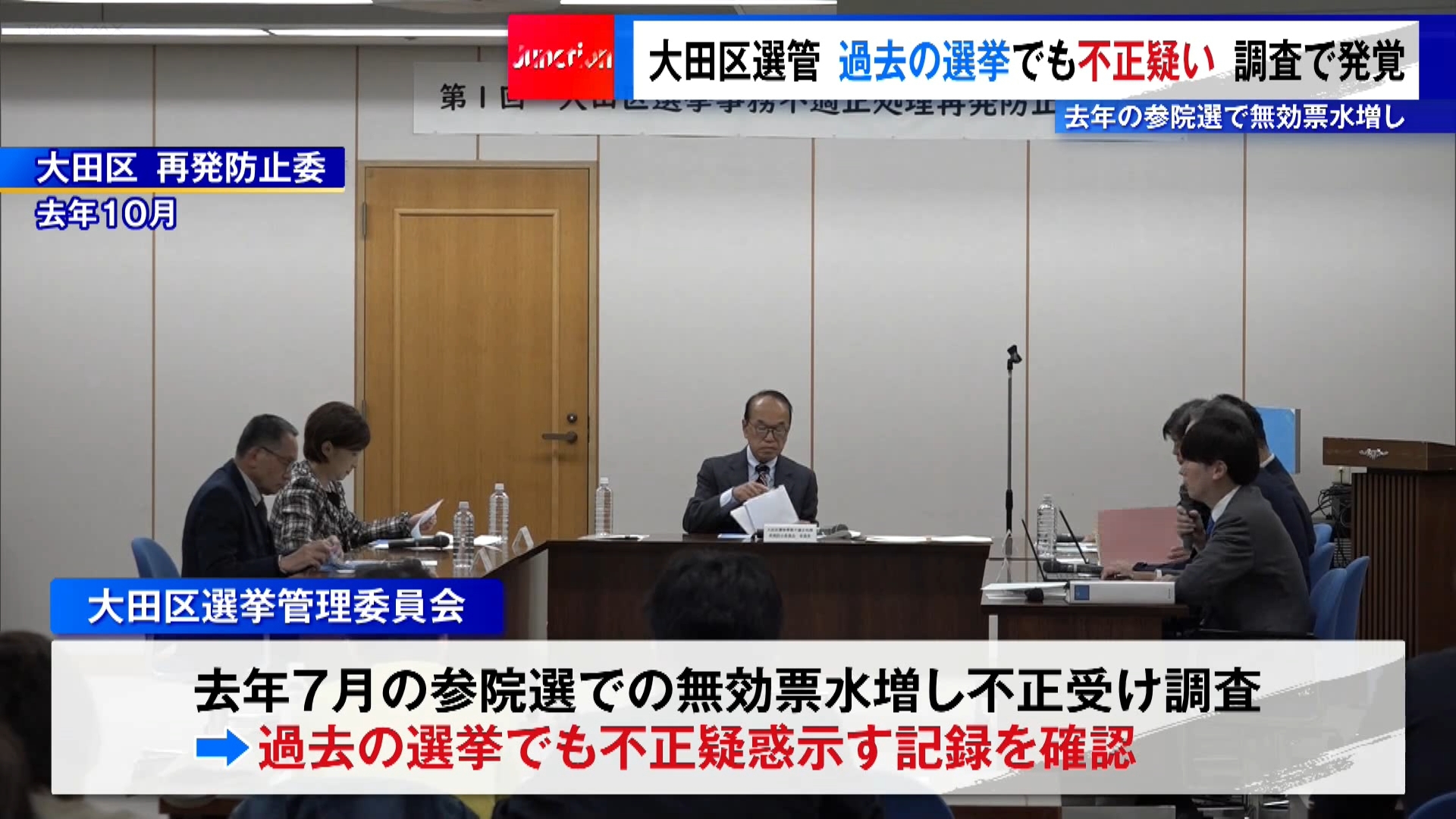 東京・大田区選挙管理委員会は1月15日、去年＝2025年7月の参院選での無効票水増し不正を受けて実施した調査で、過去の選挙でも無効票数を操作した疑いを示す記録を確認したと明らかにしました。