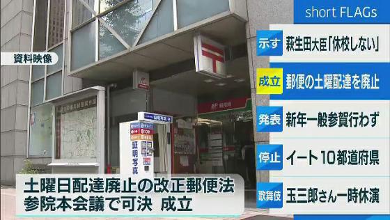 　はがきや手紙の土曜日配達を廃止する改正郵便法が、11月27日の参議院本会議で可決、成立しました。