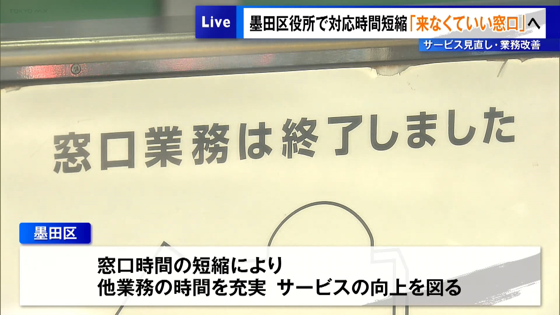 墨田区役所では12月1日から業務改善のため窓口の受付時間を短縮しました。受け付けの時間について、開始を午前8時半から9時に遅らせるとともに、終了を午後5時から4時半に前倒しし、合わせて1時間の短縮を行います。