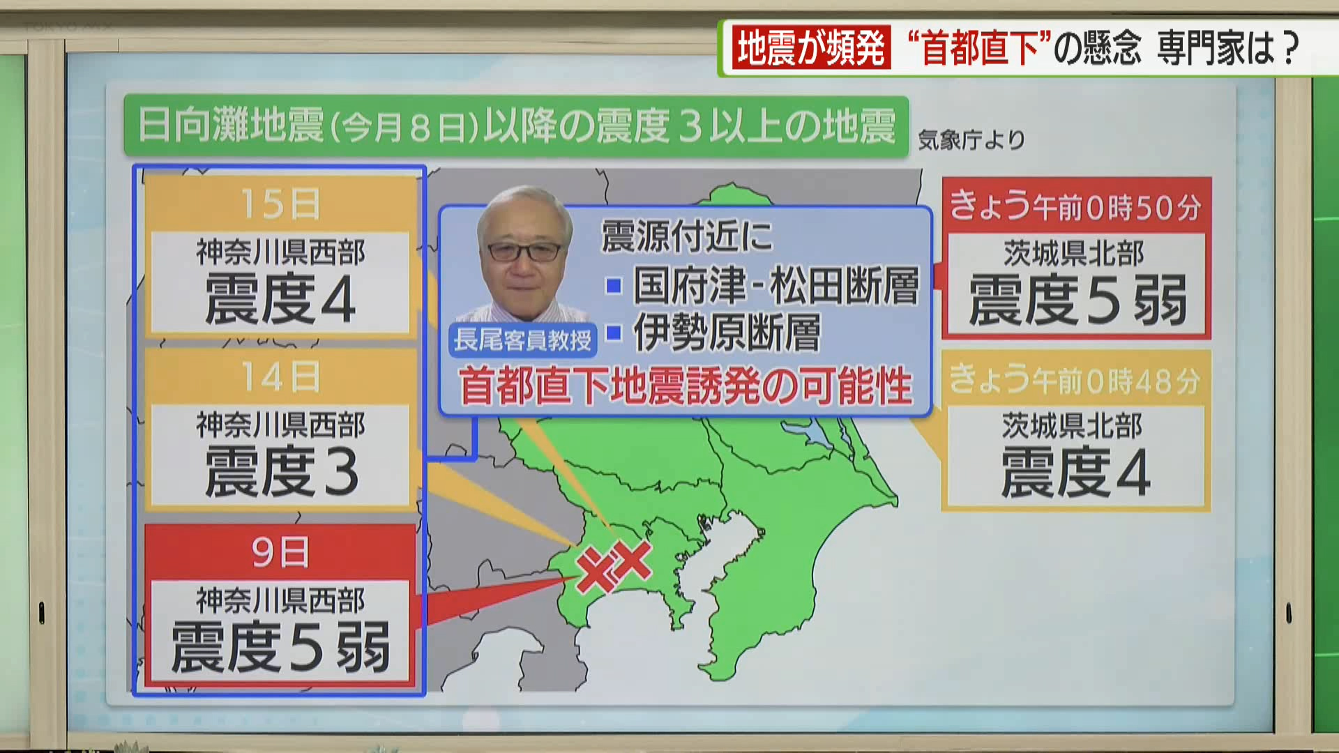 今月に入り、頻発している地震についてです。8月19日未明には茨城県で最大震度5弱の地震が観測されました。神奈川県でも9日に震度5弱の地震が起きていて、小池知事は「いざという時に備えてほしい」と呼びかけています。