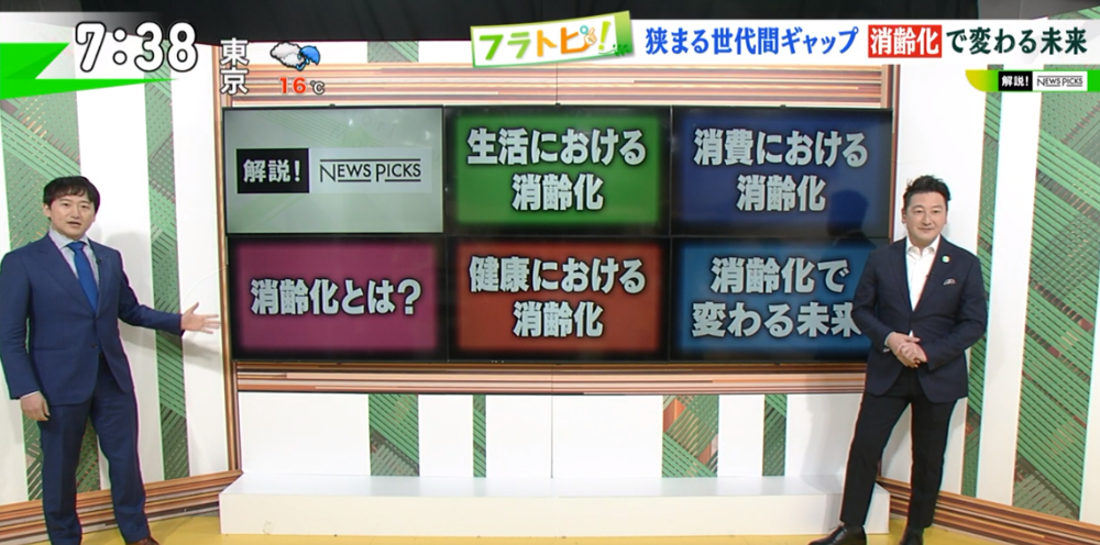 TOKYO MX（地上波9ch）朝の報道・情報生番組「堀潤モーニングFLAG」（毎週月～金曜7:00～）。「フラトピ！」のコーナーでは、“消齢化で変わる未来”について解説しました。