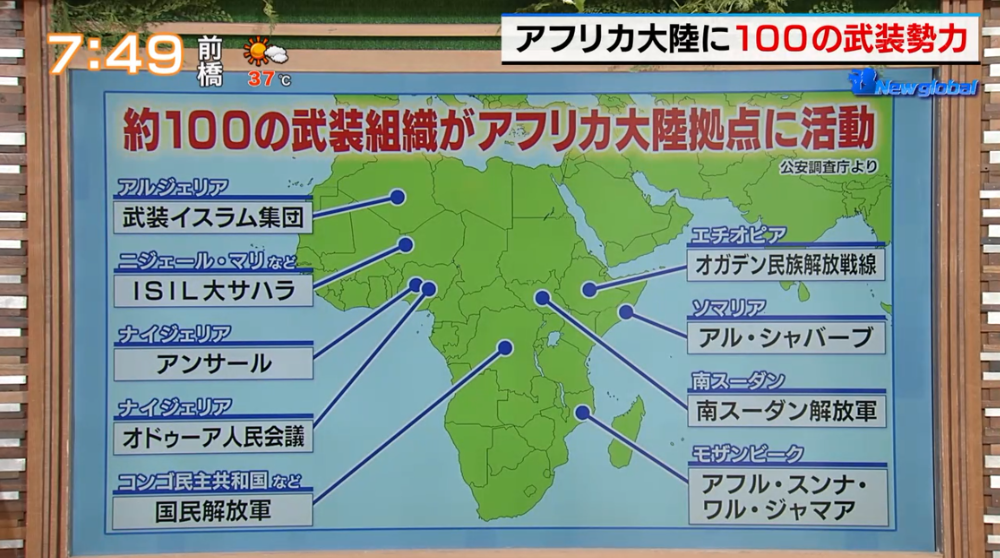 TOKYO MX（地上波9ch）朝の報道・情報生番組「堀潤モーニングFLAG」（毎週月～金曜7:00～）。「New global」のコーナーでは、武装勢力が結集し混沌とするアフリカ大陸について取り上げました。