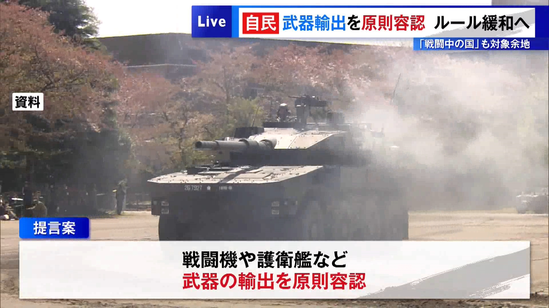 自民党の安全保障調査会が、政府が検討している防衛装備品の輸出ルール緩和に向けた提言案を了承しました。