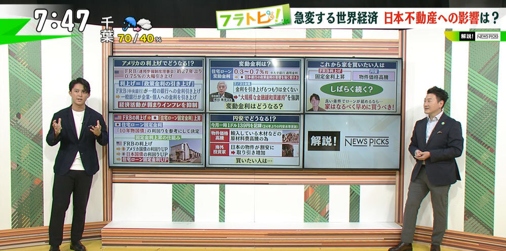 TOKYO MX（地上波9ch）朝の報道・情報生番組「堀潤モーニングFLAG」（毎週月～金曜7:00～）。「フラトピ！」のコーナーでは、世界経済が急変するなかで気になる今後の“日本の不動産事情”について解説しました。