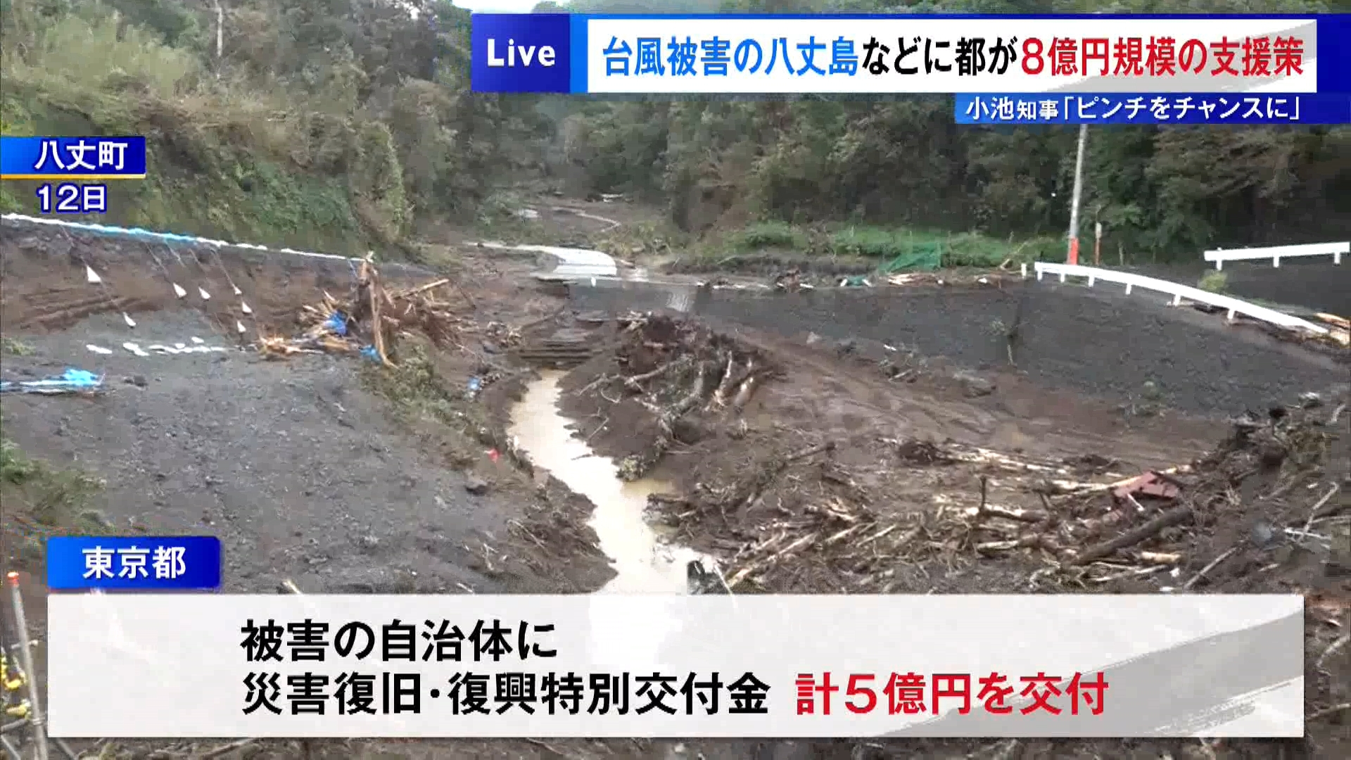 台風による被害が出ている東京・伊豆諸島の八丈島などに対し、東京都が8億円規模の新たな支援策を打ち出しました。東京都の小池知事は「生活支援、住まいの確保など、当面必要な対策を速やかにスピード感を持って実施する」と発表しました。
