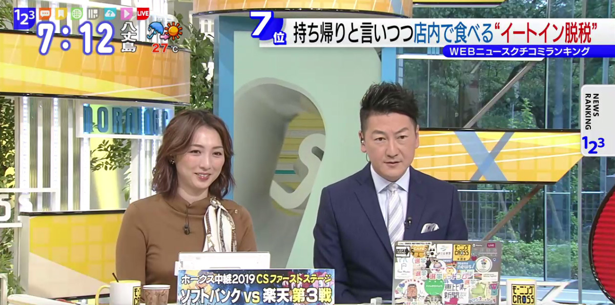 TOKYO MX（地上波9ch）朝のニュース生番組「モーニングCROSS」（毎週月～金曜7:00～）。10月7日（月）の放送では、増加する“イートイン脱税”について意見を交わしました。