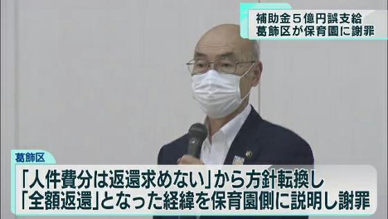 　東京・葛飾区が保育園に対しておよそ5億円の補助金を誤って支給していた問題で、方針を転換して全額返還を求めることになった保育園側に区が経緯などを説明し、謝罪しました。