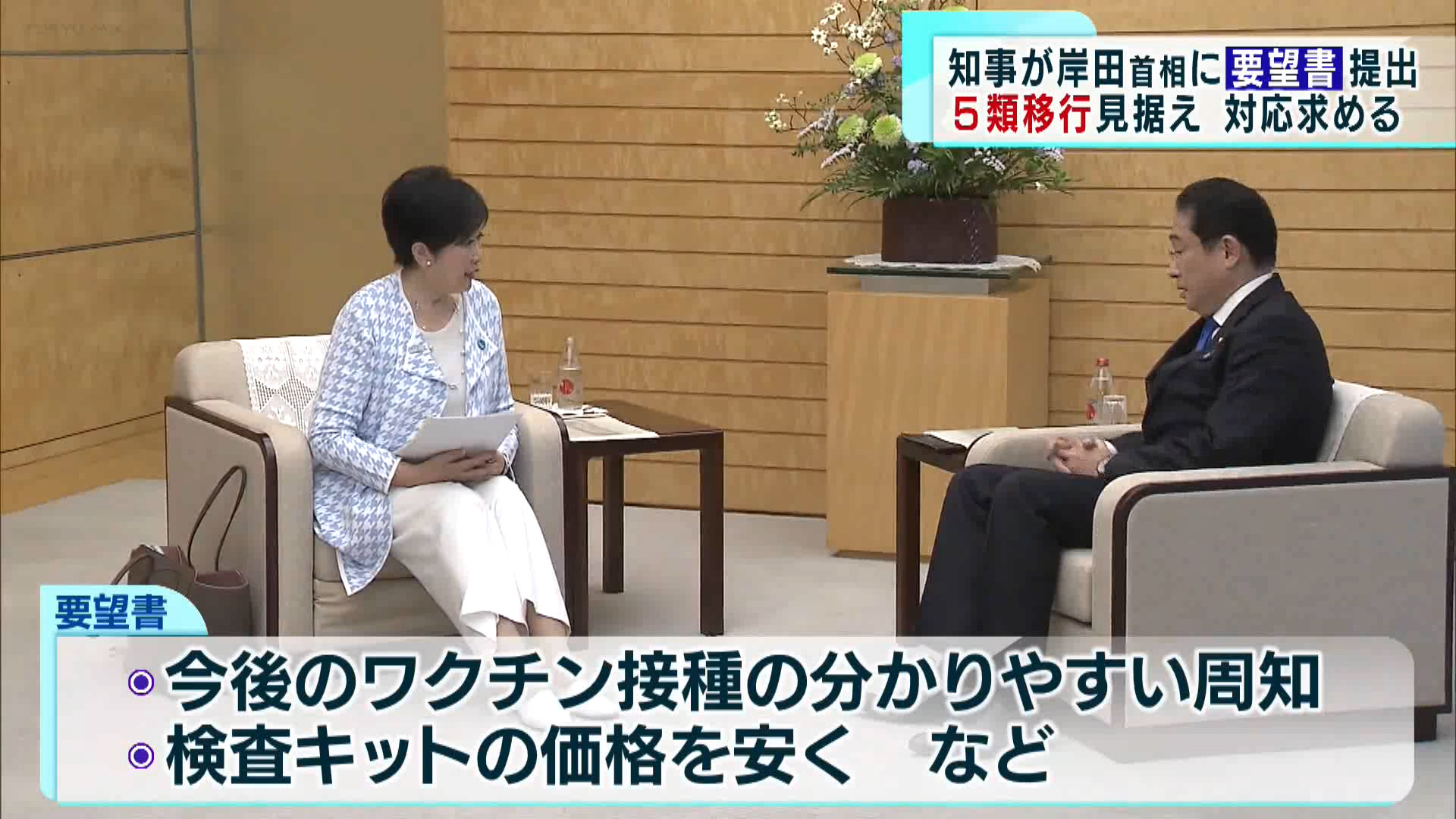 新型コロナが5類への移行を見据え、小池知事が岸田首相に今後の対応について要望書を手渡しました。
