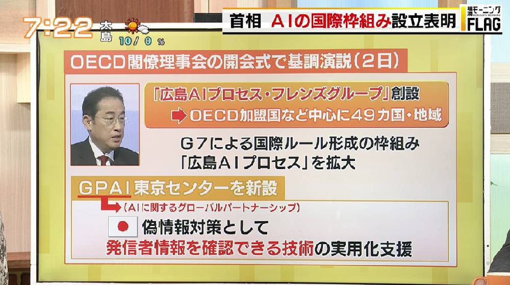 TOKYO MX（地上波9ch）朝の報道・情報生番組「堀潤モーニングFLAG」（毎週月～金曜6:59～）。「FLAG NEWS」のコーナーでは、岸田首相が設立を表明した“AIの国際的な枠組み”について取り上げました。