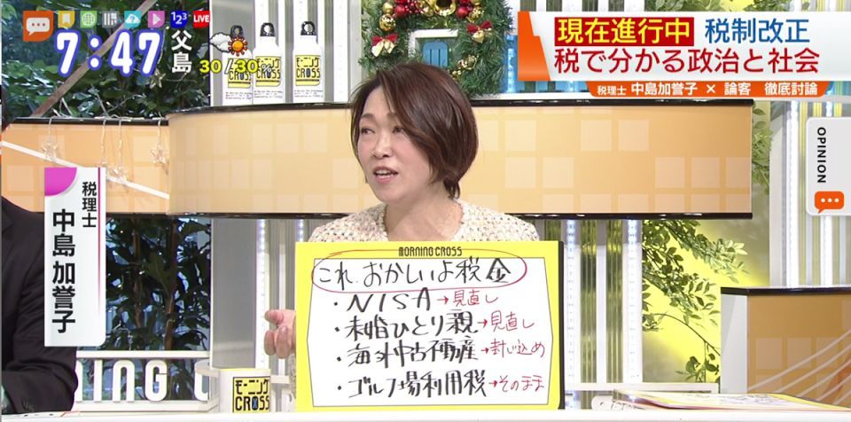 TOKYO MX(地上波9ch)朝のニュース生番組「モーニングCROSS」(毎週月~金曜7:00~)。12月11日(水)放送の「オピニオンCROSS neo」のコーナーでは、税理士の中島加誉子さんが“変化する税制・おかしな税制”について見解を述べました。