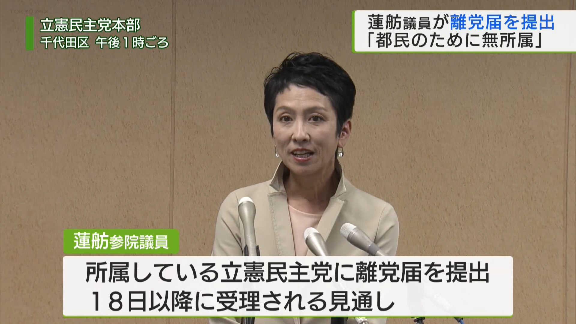 東京都知事選挙への出馬を表明している立憲民主党の蓮舫参院議員が無所属で立候補するため、党本部に離党届を出しました。