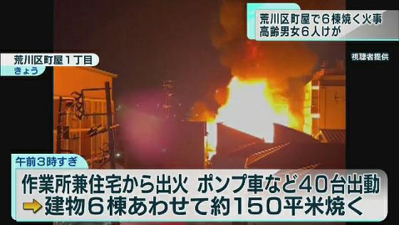 東京 荒川区で6棟焼く火災　3人けが