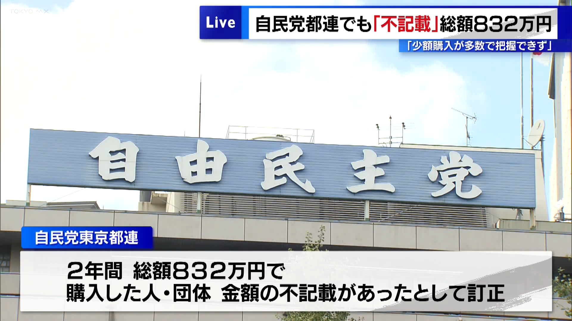 自民党の政治資金を巡り、都連でも「不記載」が発覚です。自民党東京都連は政治資金収支報告書の政治資金パーティー収入の内訳に関し、2023年までの2年間の総額832万円について、購入した人や団体と金額の不記載があったとして訂正しました。