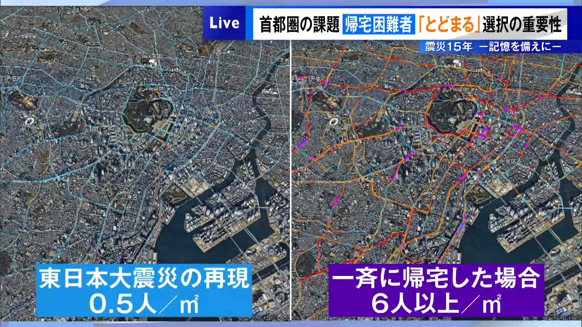 甚大な被害となった2011年3月11日に発生した東日本大震災から15年がたちました。 TOKYO MXは震災と向き合い、記憶や教訓を未来へつなぐ特集『震災15年－記憶を備えに－』を4回にわたってお伝えしています。今回のテーマは『大都市の帰宅困難者対策』です。大地震が発生した場合、首都圏などの都市部で懸念されている課題の一つが「帰宅困難者」です。実際に災害が起きた時、私たちはどう行動すればよいのか取材しました。