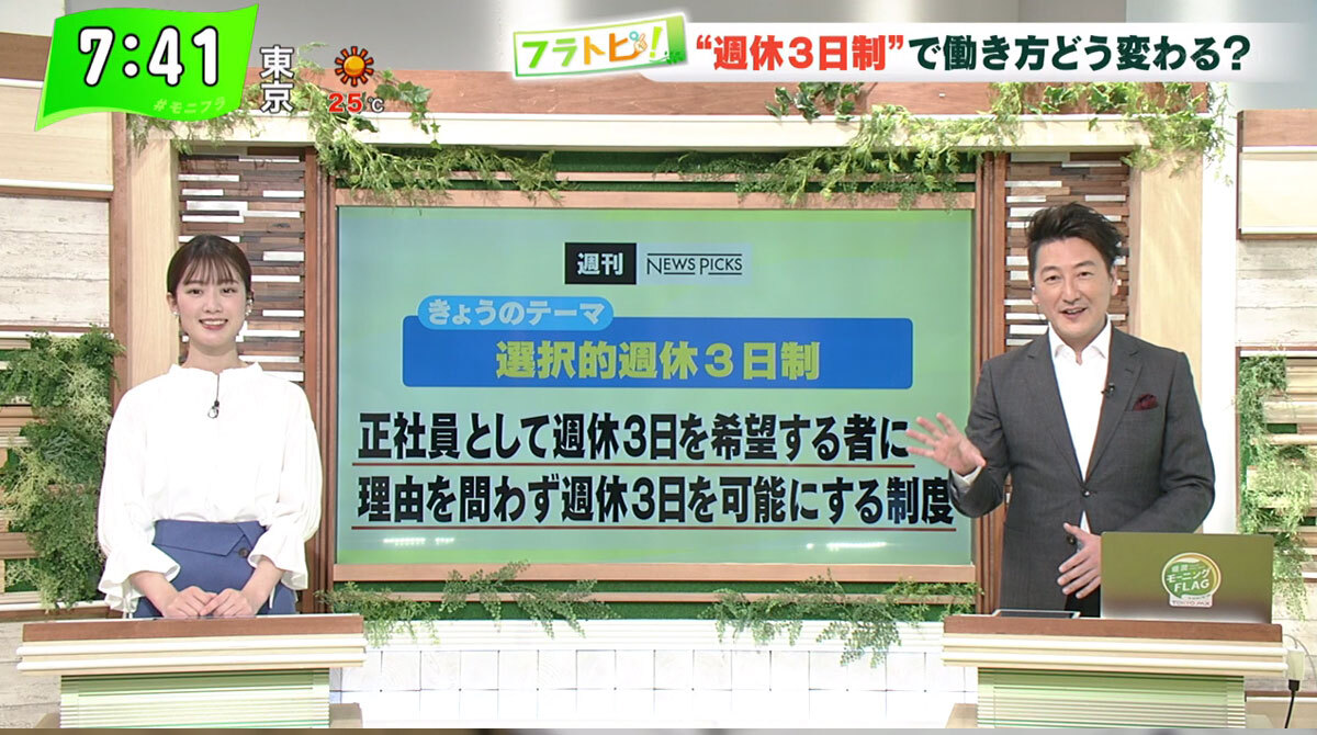 TOKYO MX（地上波9ch）朝の報道・情報生番組「堀潤モーニングFLAG」（毎週月～金曜7:00～）。4月20日（火）放送の「フラトピ！」では、“選択的週休3日制”にスポットを当てました。