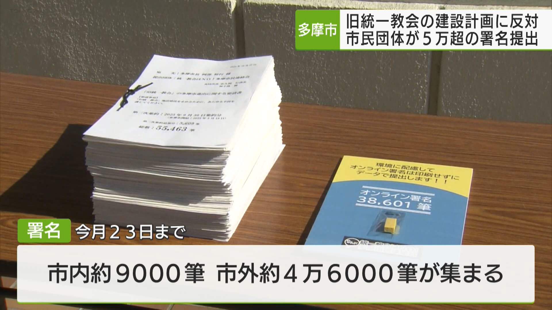 世界平和統一家庭連合＝旧統一教会が多摩市内に研修施設の建設を計画している問題で、地元住民らによる団体が5万筆を超える反対署名を集め、多摩市長に手渡しました。