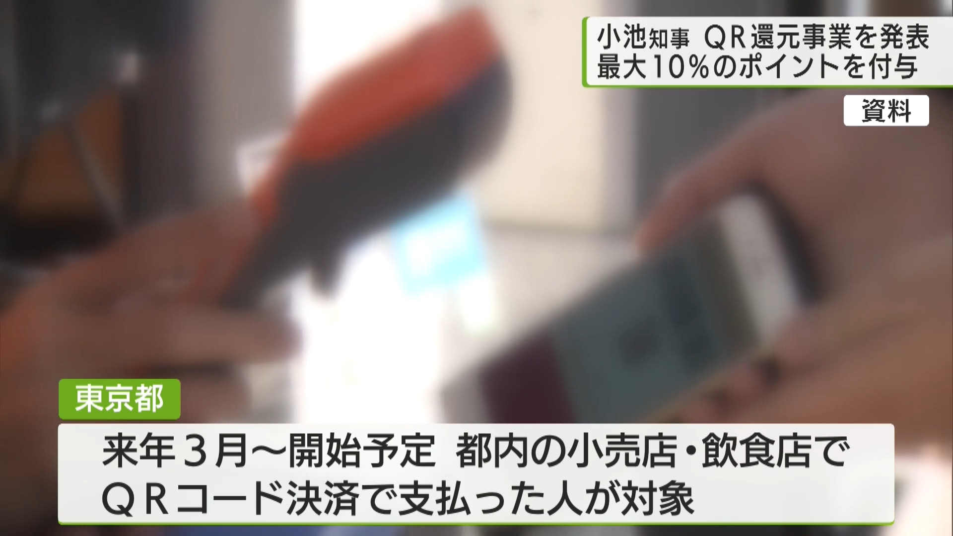 小池知事は、QRコードで支払った料金の10％分を還元する事業を始めることを明らかにしました。100億円の予算を計上する方針です。