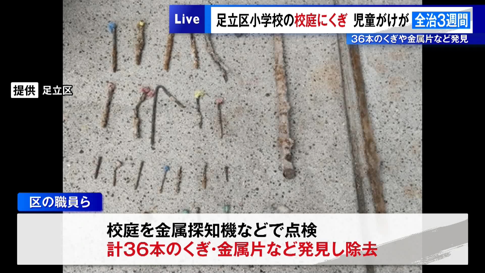 東京・足立区の小学校で、校庭に埋まっていたくぎで児童がけがをしていたことが分かりました。