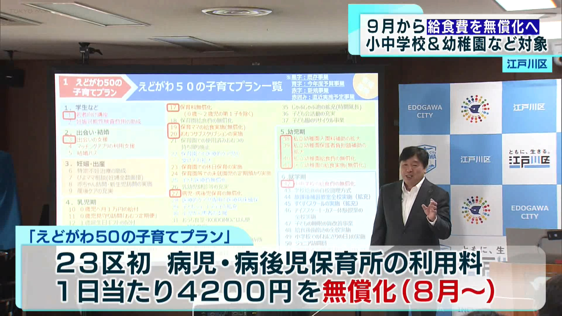 江戸川区の斉藤区長が定例会見を行い、9月から区立の小中学校と幼稚園などで、給食費を無償化する方針を示しました。