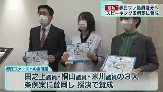 東京都議会が10月7日、閉会しました。この日採決された「スピーキングテストに関する条例案」に賛成した所属議員3人を造反行為だとして、都民ファーストの会は3人を処分する方針を示しました。