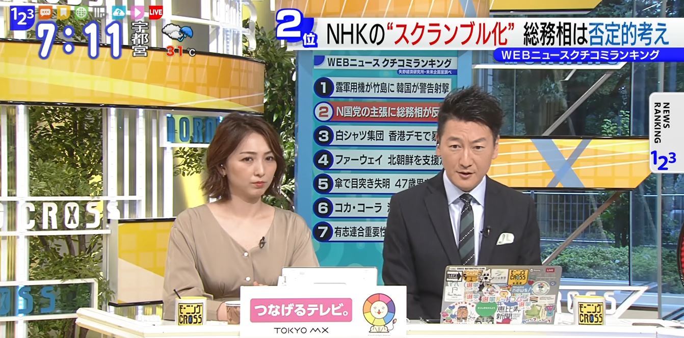 TOKYO MX（地上波9ch）朝のニュース生番組「モーニングCROSS」（毎週月～金曜7:00～）。7月24日（水）の放送では“NHKのスクランブル化”について意見を交わしました。