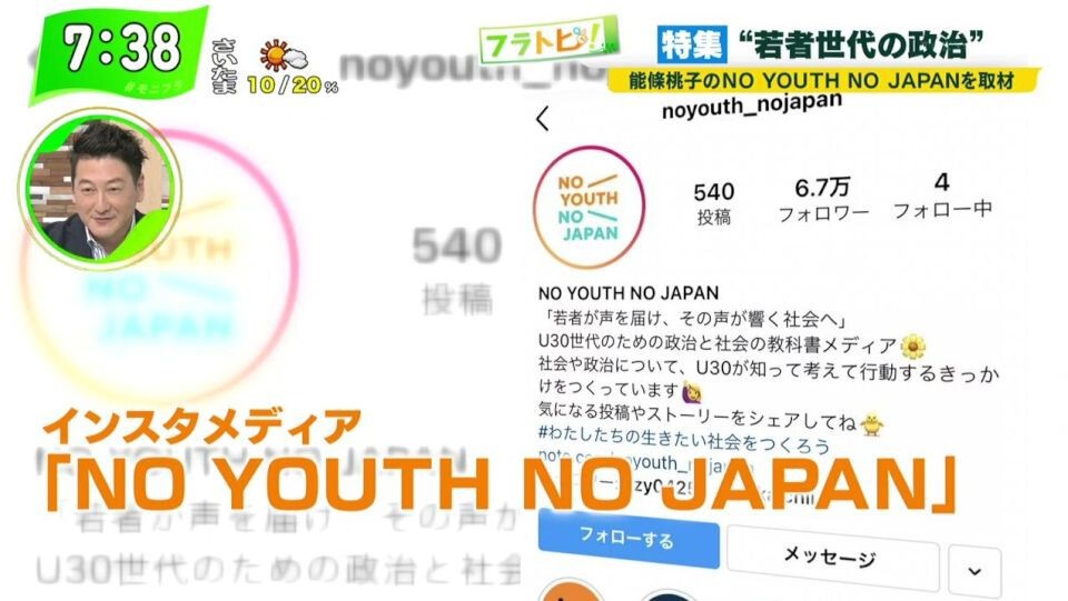 TOKYO MX（地上波9ch）朝の報道・情報生番組「堀潤モーニングFLAG」（毎週月～金曜7:00～）。10月6日（水）放送の「フラトピ！」では、「NO YOUTH NO JAPAN」の若者世代に政治を伝える活動を取材しました。