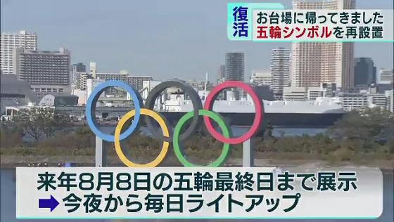 　東京オリンピックを盛り上げようと設置されていたモニュメントが、4カ月ぶりに再び東京湾・お台場の海に帰ってきました。