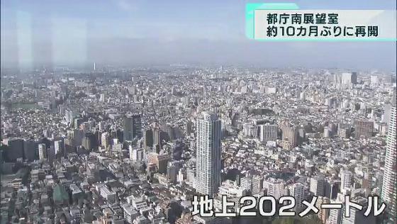 東京都庁の南展望室が10カ月ぶり再開　地上202メートルから街を一望
