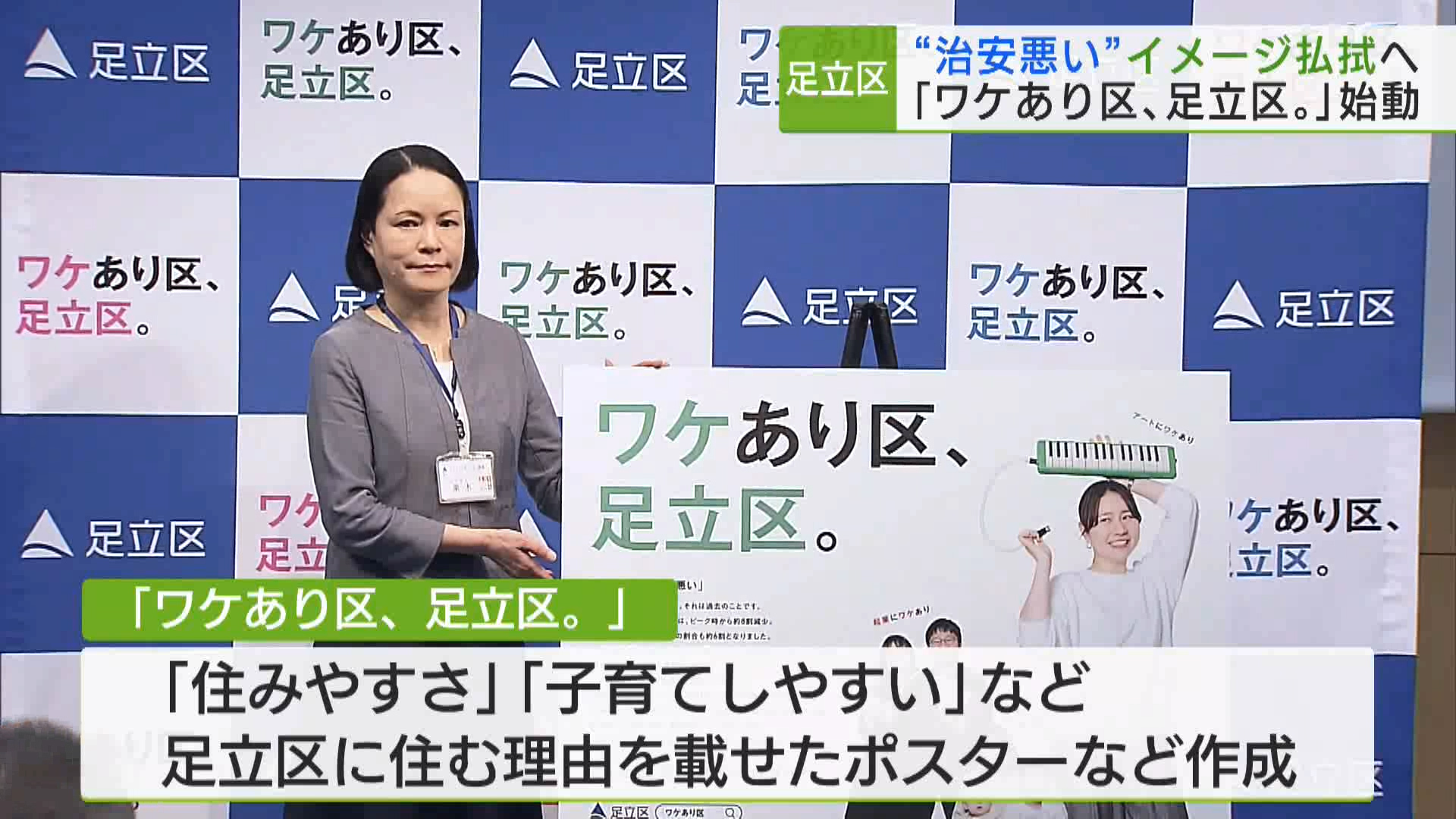 突然ですが「足立区は治安がいいと思いますか？」。昨年度、足立区が行った調査で「はい」と答えたのは区民が59.5%でしたが、区外では、わずか7.4%で、大きな差が出ていました。足立区は「治安が悪い」といったマイナスイメージを払拭しようと、「ワケあり区、足立区。」として、魅力を発信する取り組みをスタートさせます。