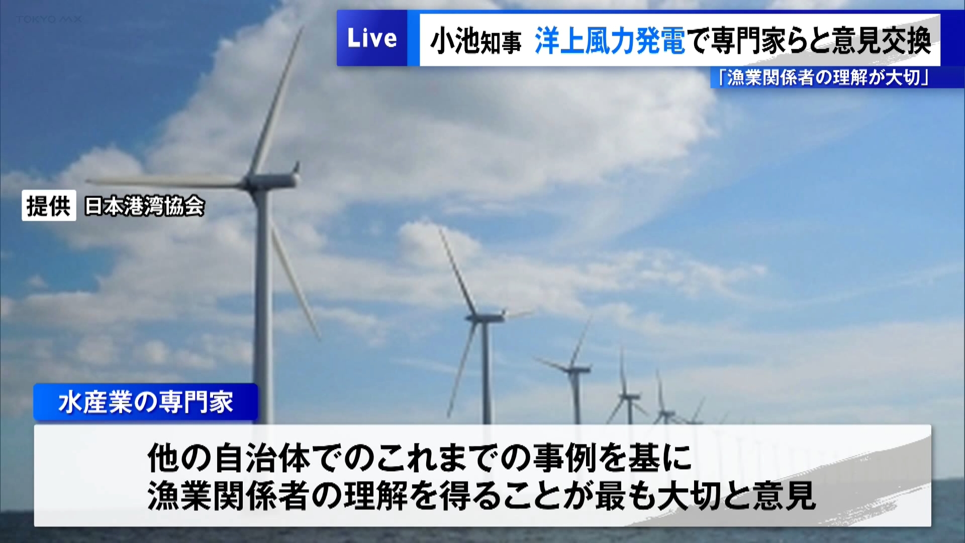 東京都の小池知事は7月29日、都庁で開催された水産業の専門家らとの意見交換会で、都が導入を検討している洋上風力発電について「漁業関係者の理解を得ることが重要」という認識を示しました。
