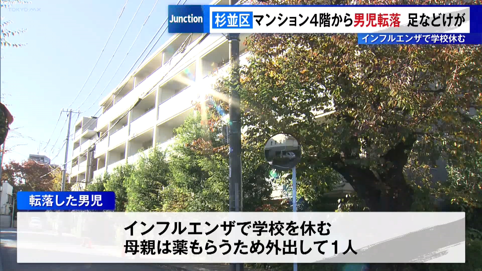 11月17日正午ごろ、東京・杉並区和田のマンション4階から小学1年生の男の子が転落する事故がありました。4階にある自宅のベランダから転落したとみられ、マンションの敷地の植え込み付近で見つかりました。