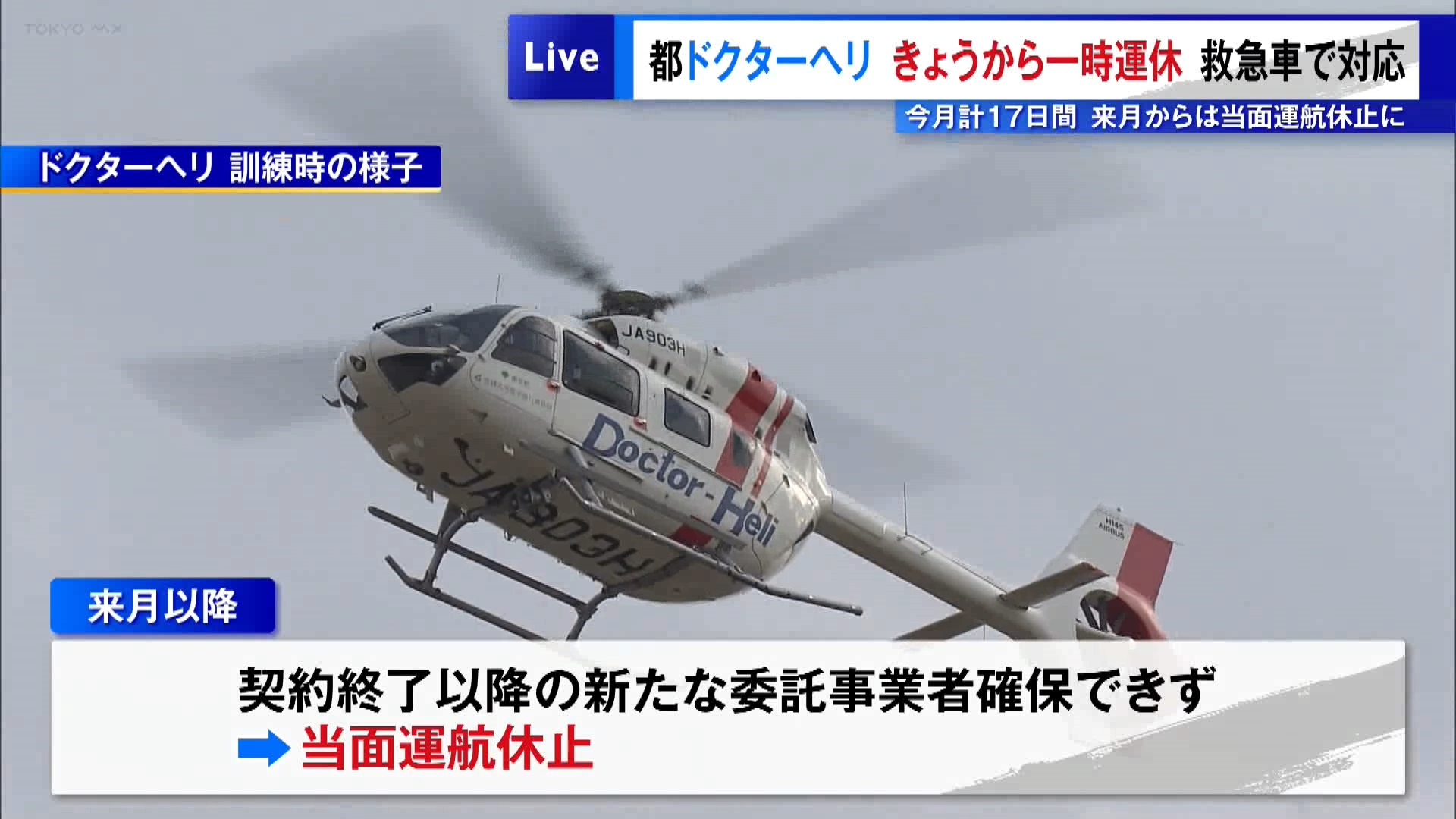 東京都が多摩地域の救急医療対応のため運用しているドクターヘリが3月5日から一時的に運航休止となりました。
