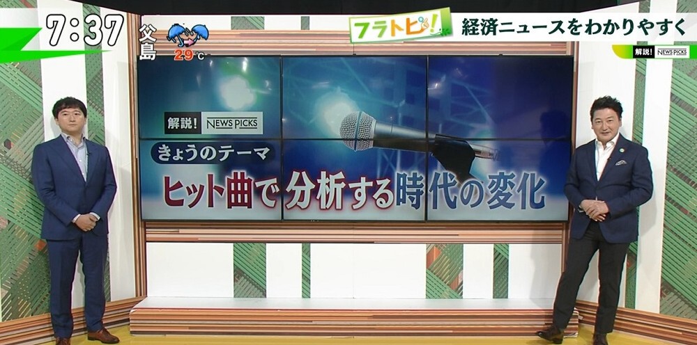 TOKYO MX(地上波9ch)朝の報道・情報生番組「堀潤モーニングFLAG」(毎週月~金曜7:00~)。「フラトピ!」のコーナーでは、“ヒット曲で分析する時代の変化”について解説しました。